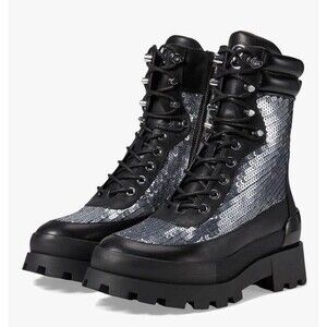 Michael Kors Rowan Black Lace-Up Bootie With Silver Sequins 6.5M NIB $245